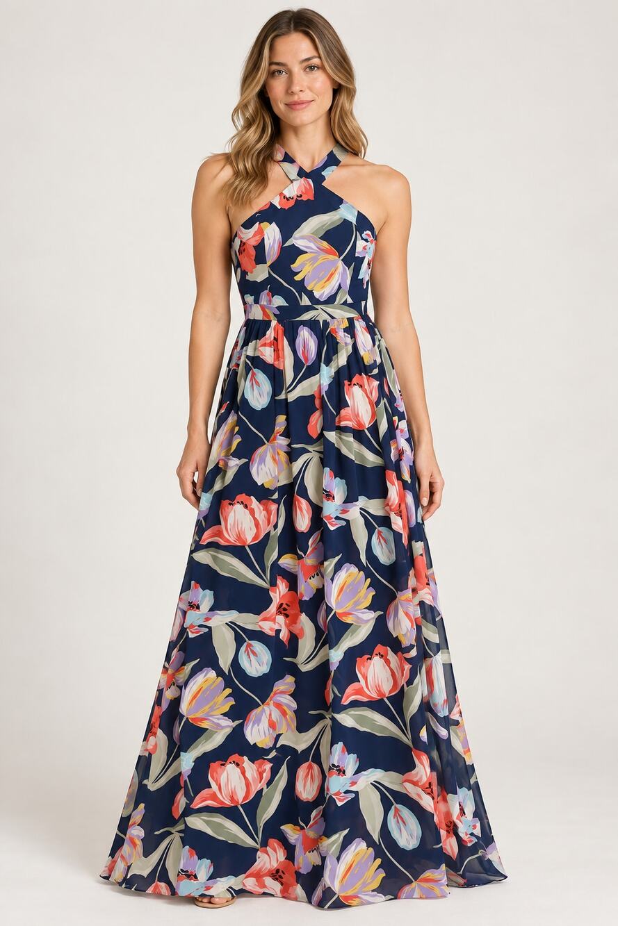 Lulus Navy Multicolor Floral Cross Halter Maxi Dress Small